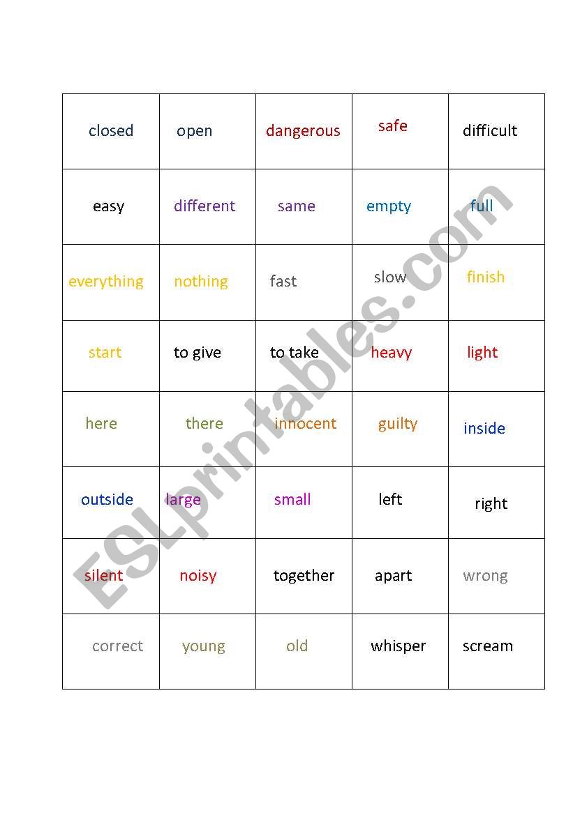 opposites memory game worksheet