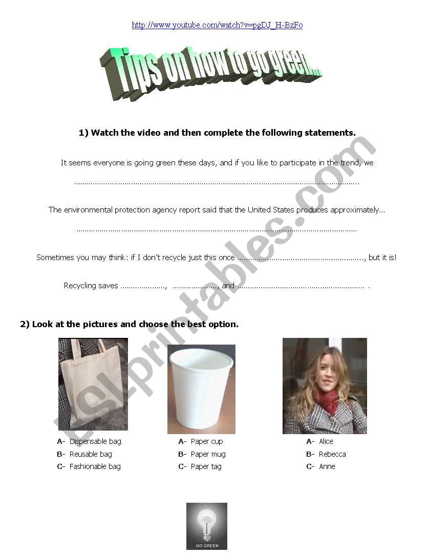 Tips on how to go green worksheet