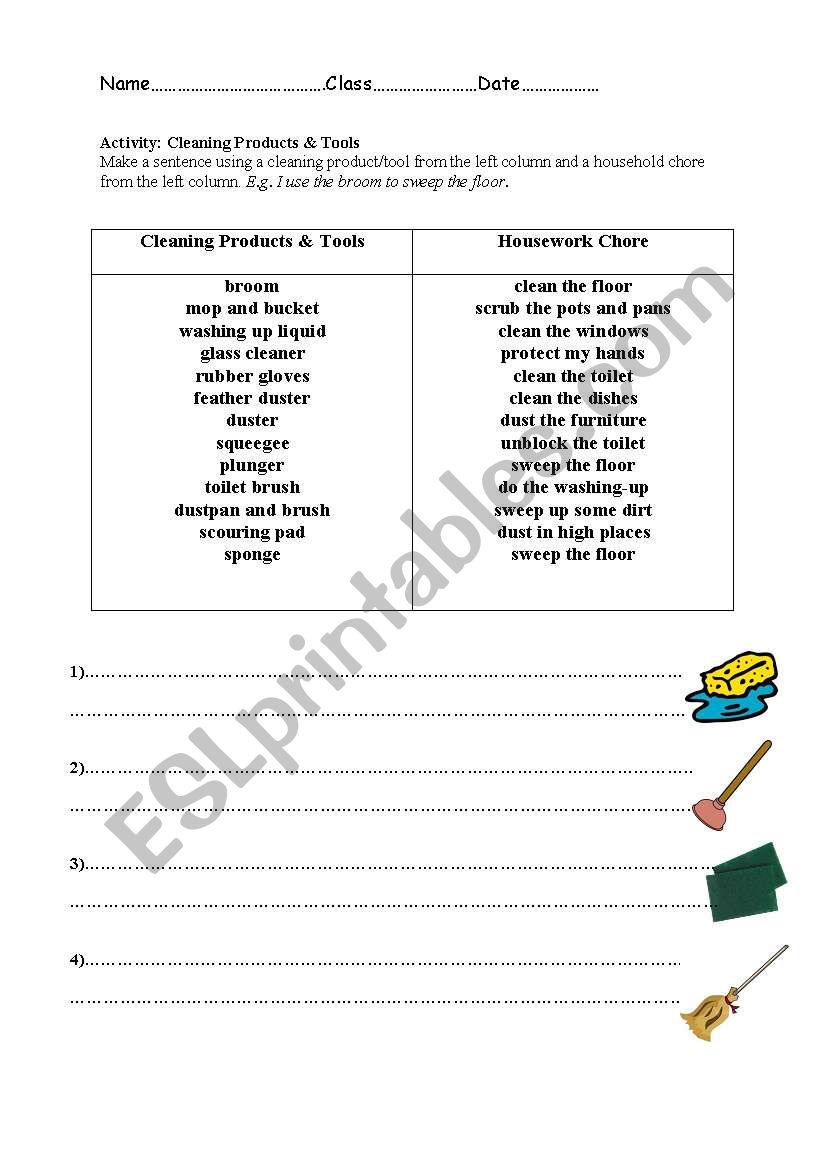 Cleaning Products and Tools worksheet