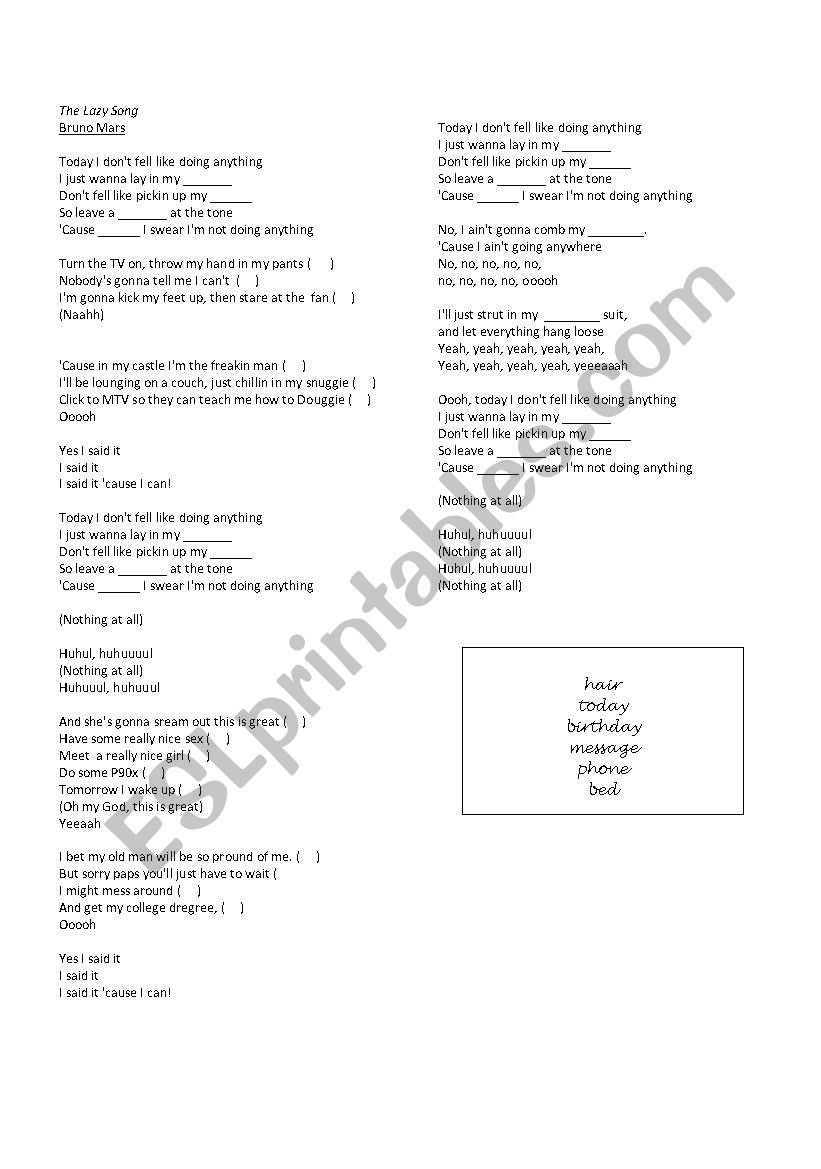 The Lazy Song - Bruno Mars (Listening Activity)