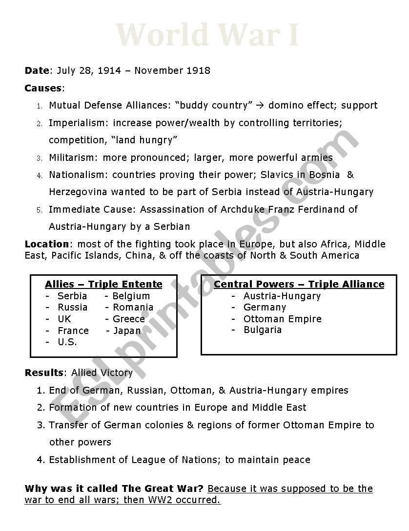 WWI Outline worksheet