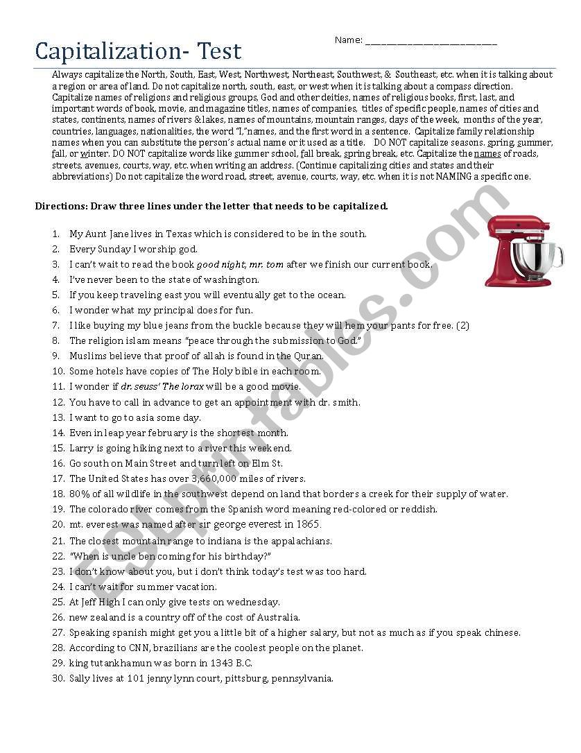 Capitalization Test worksheet