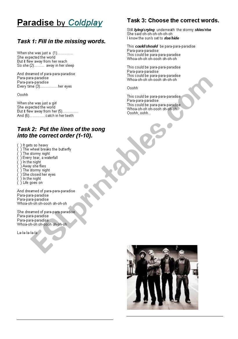 Coldplay Paradise worksheet