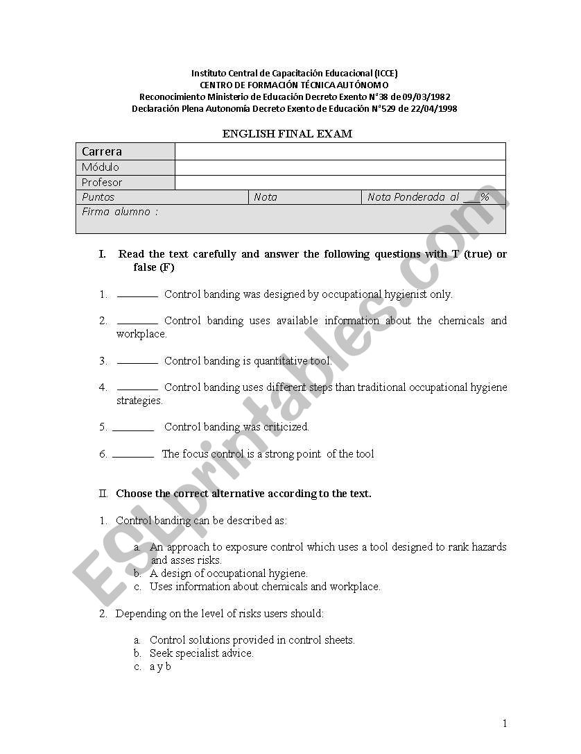Final test worksheet
