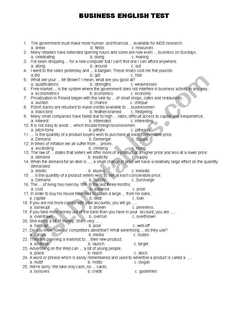 Business English Test worksheet