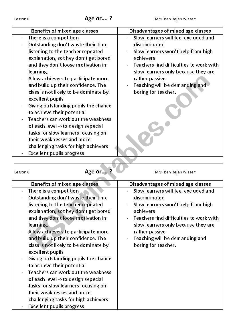 age or worksheet