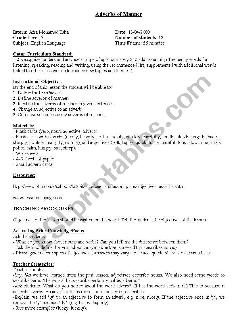 adverb odf manners worksheet