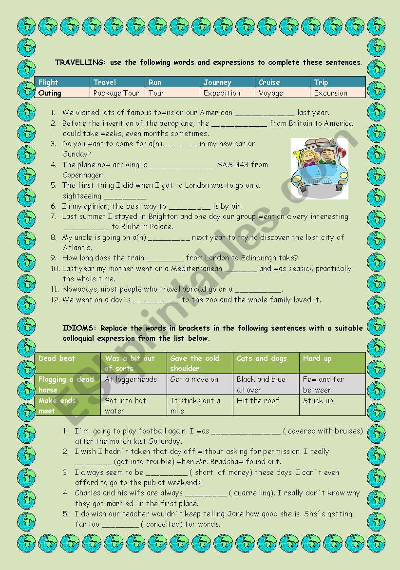 Worksheet: travelling and others