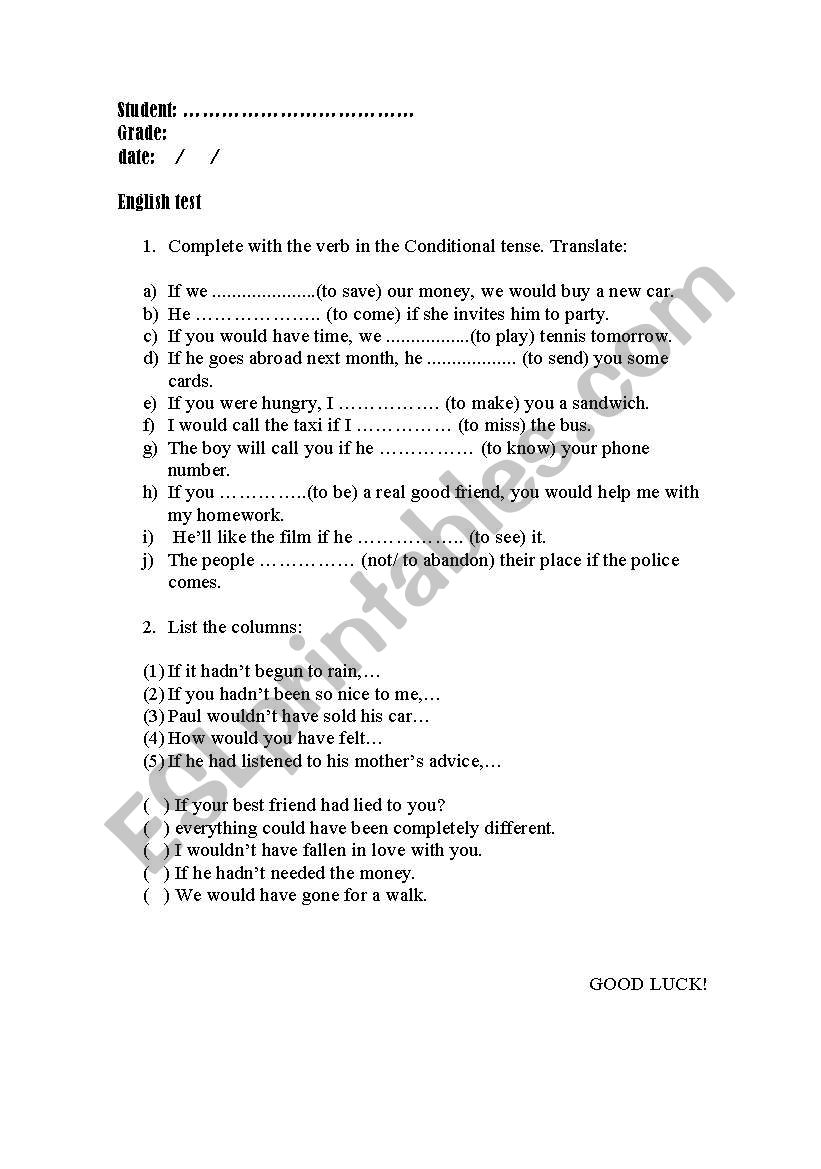 Conditional test worksheet