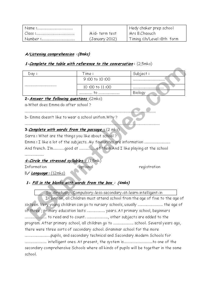 mid-term test(Education in England