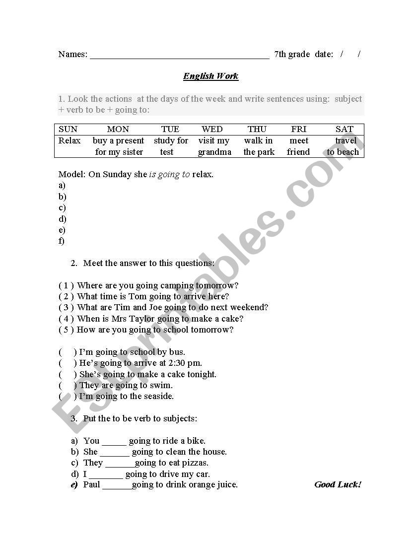 Immediate future worksheet