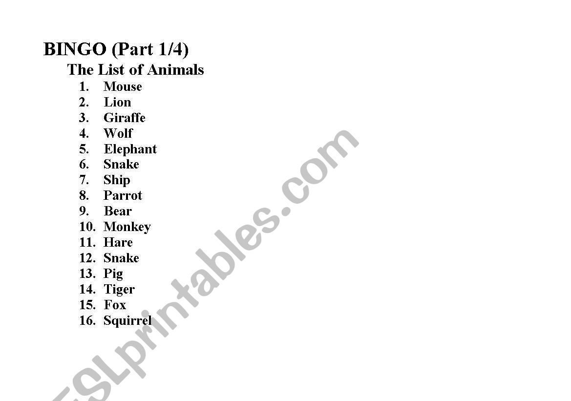 Bingo Animals (Part 1/4) worksheet