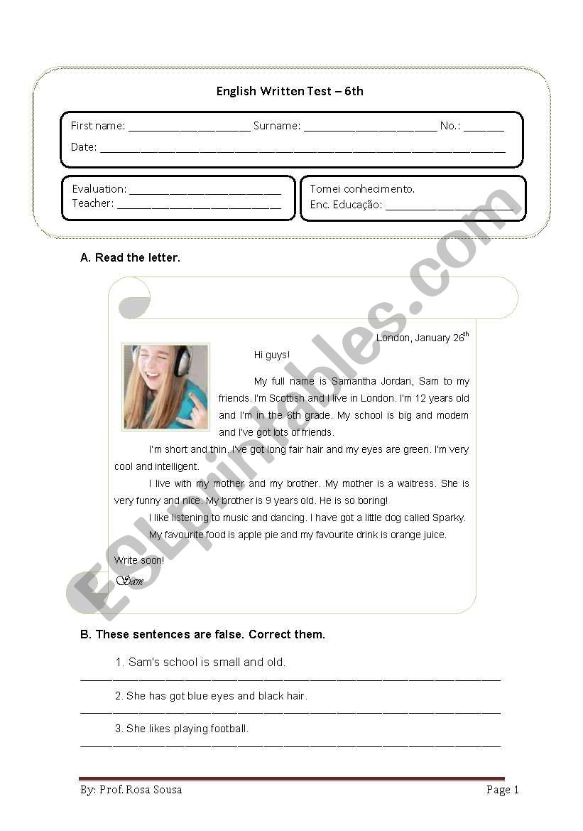 English test about Personal ID and Time for 6th grades â€“ Portuguese Students (With answer key included)