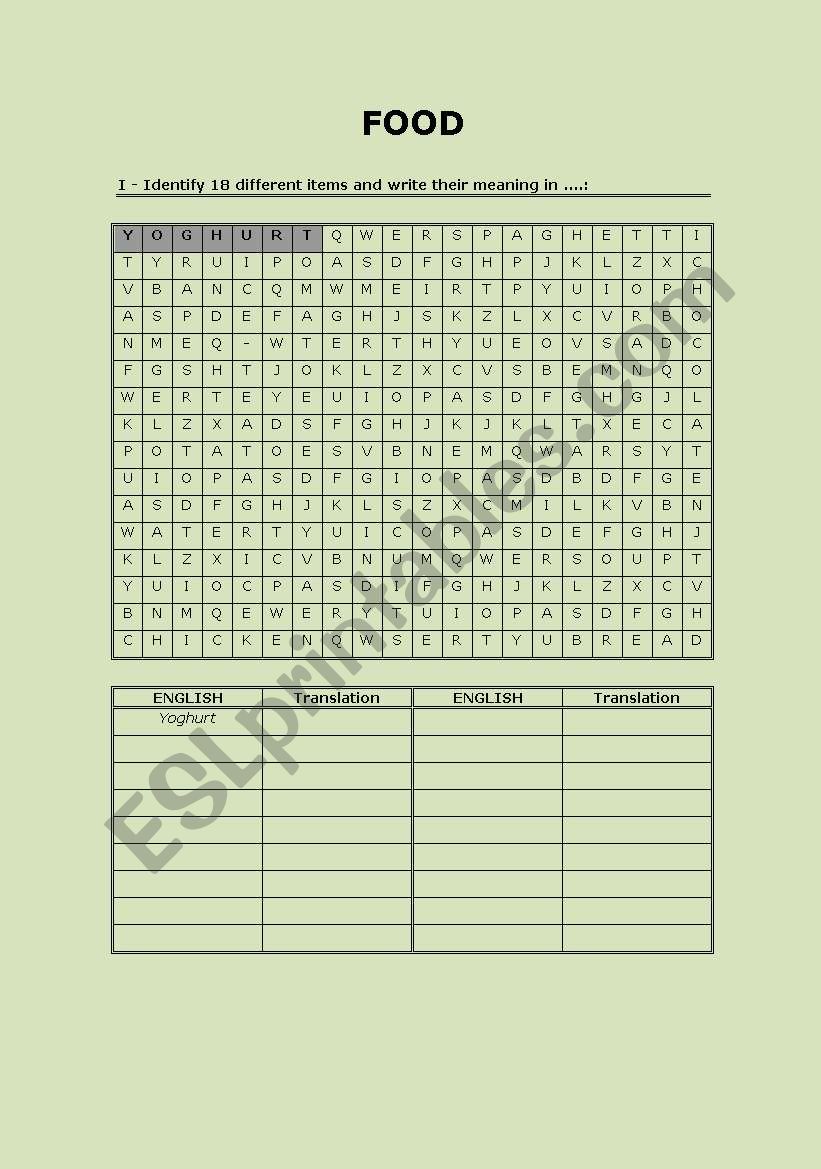 Food crossword worksheet