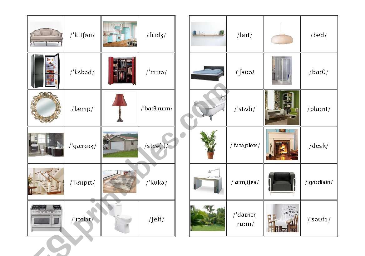 Furniture & rooms domino with phonetic transcript