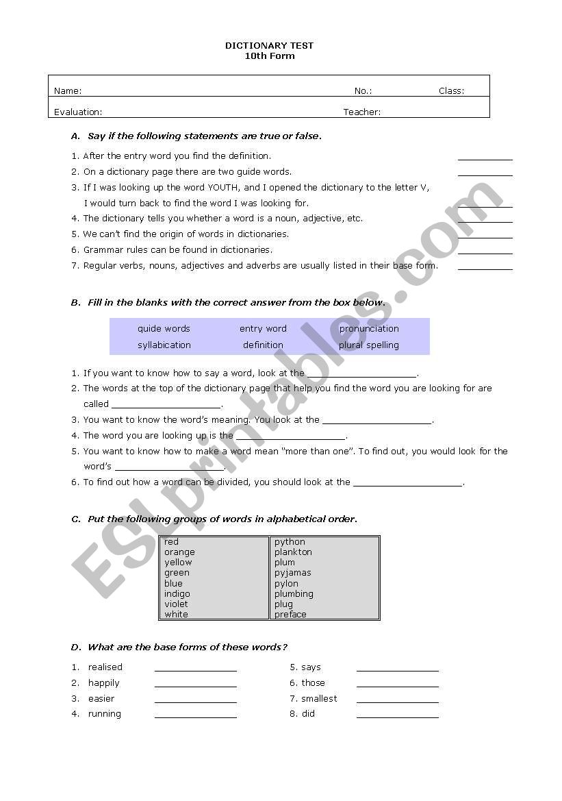 Dictionary Test worksheet