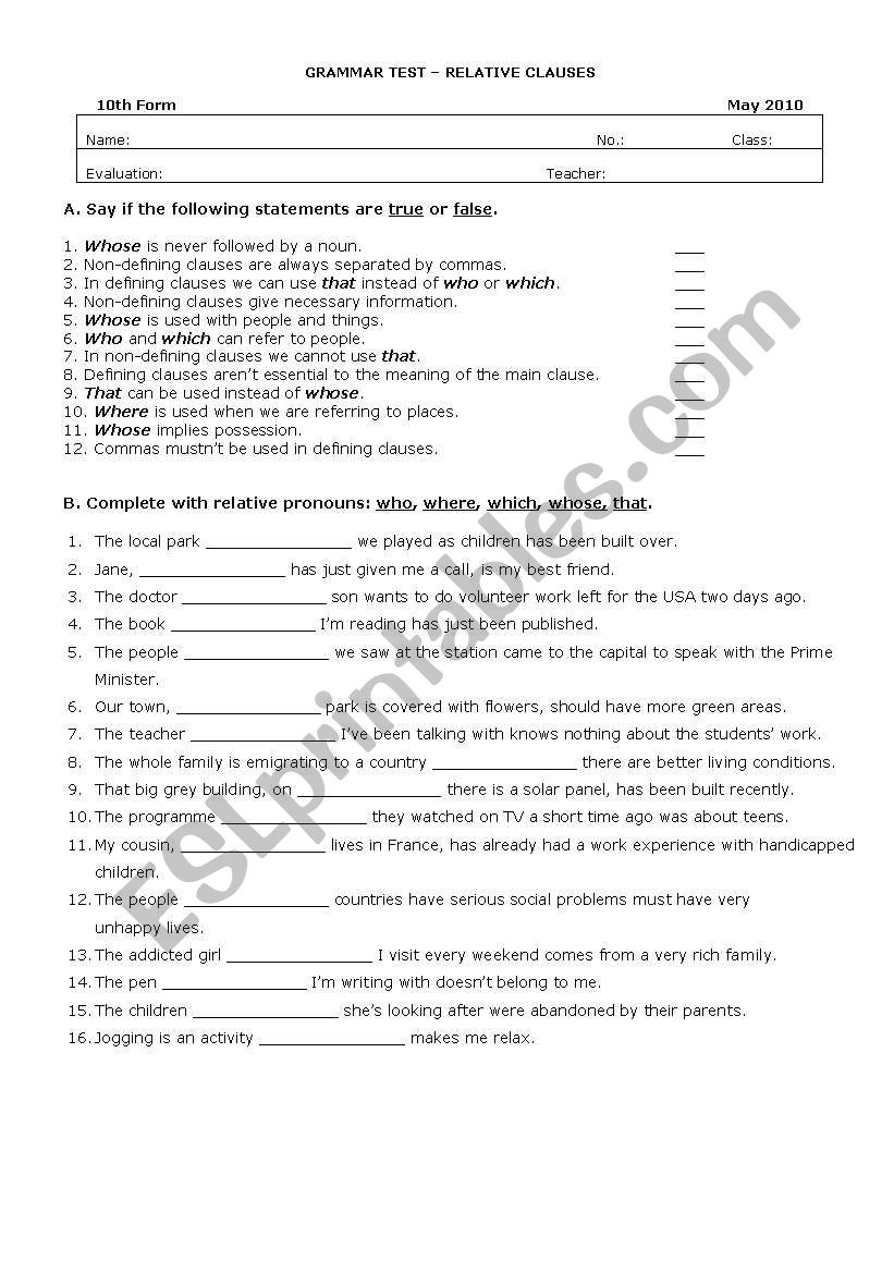 Relative clauses worksheet