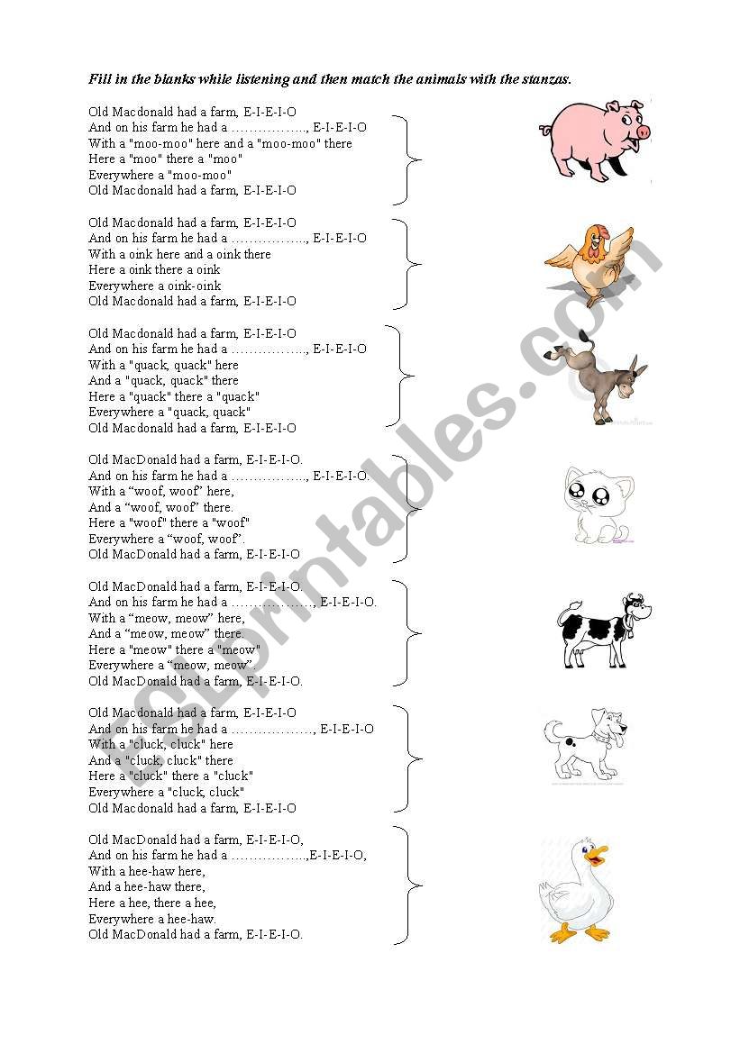 old macdonald and animals  worksheet
