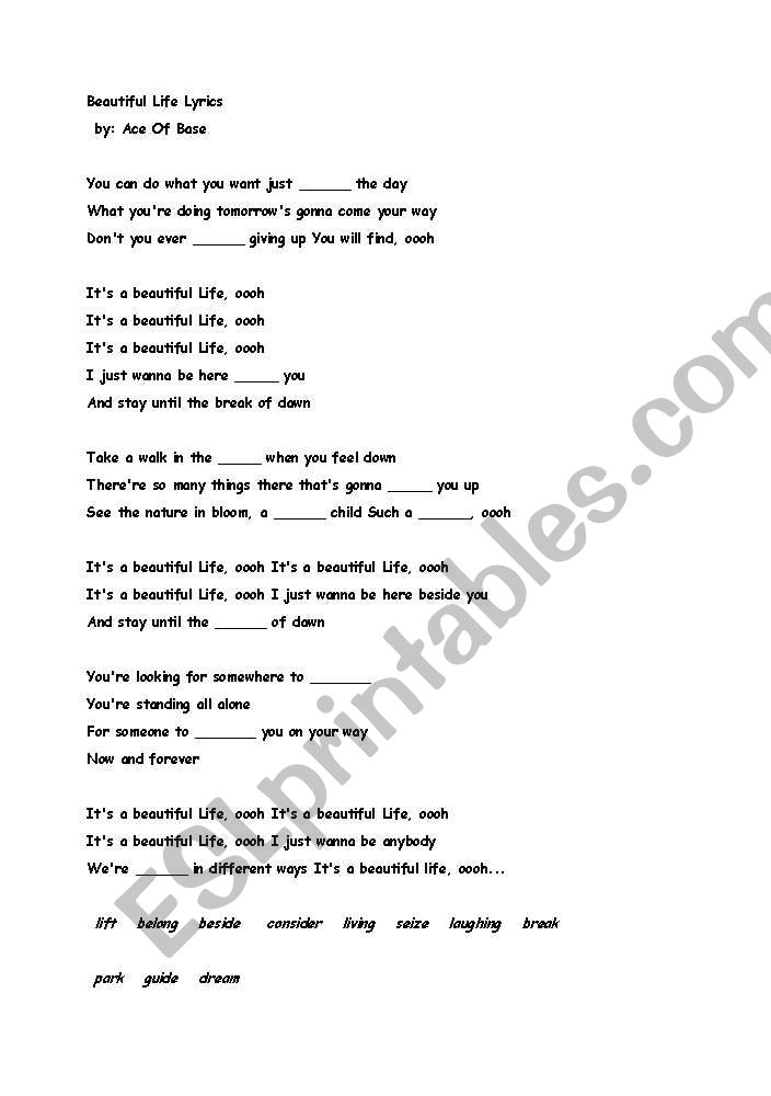 Ace Of Base/Its A Beautiful LIfe Song Worksheet