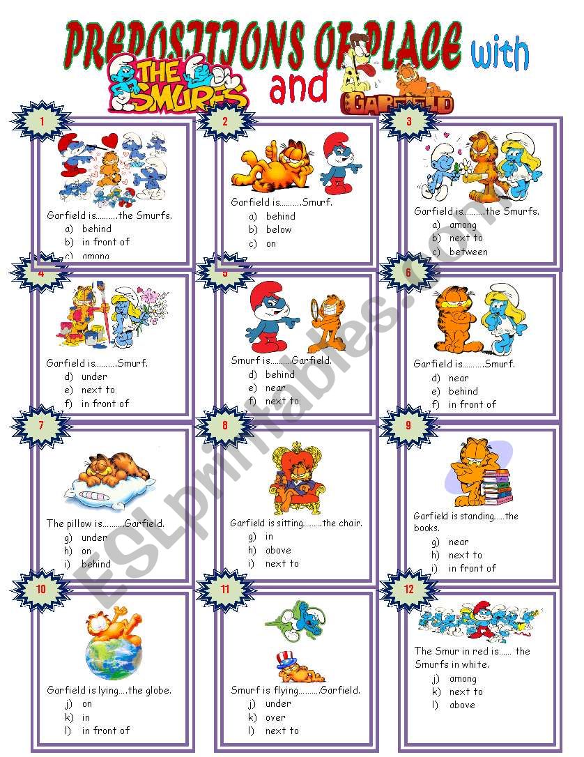 PREPOSITIONS OF PLACE WITH THE SMURFS AND GARFIELD