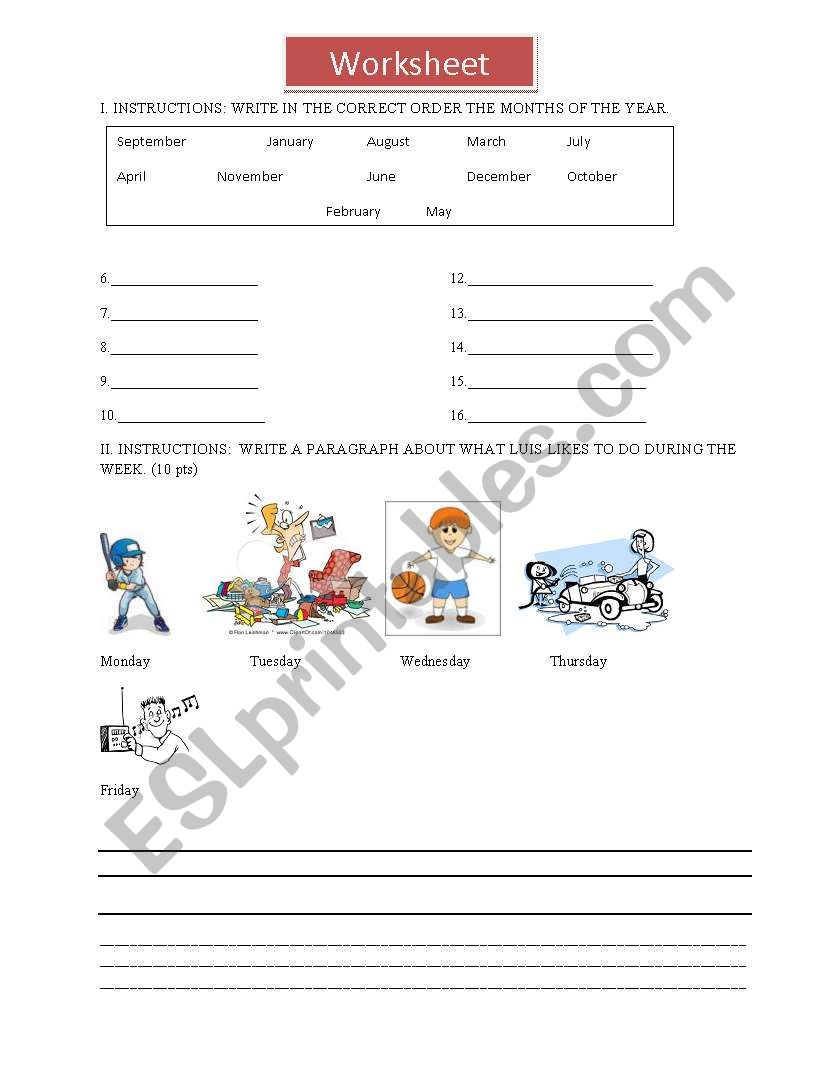 Months and Days of the week worksheet