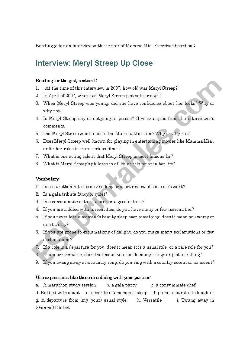 Mamma Mia! star Meryl Streep Interview reading guide and quiz