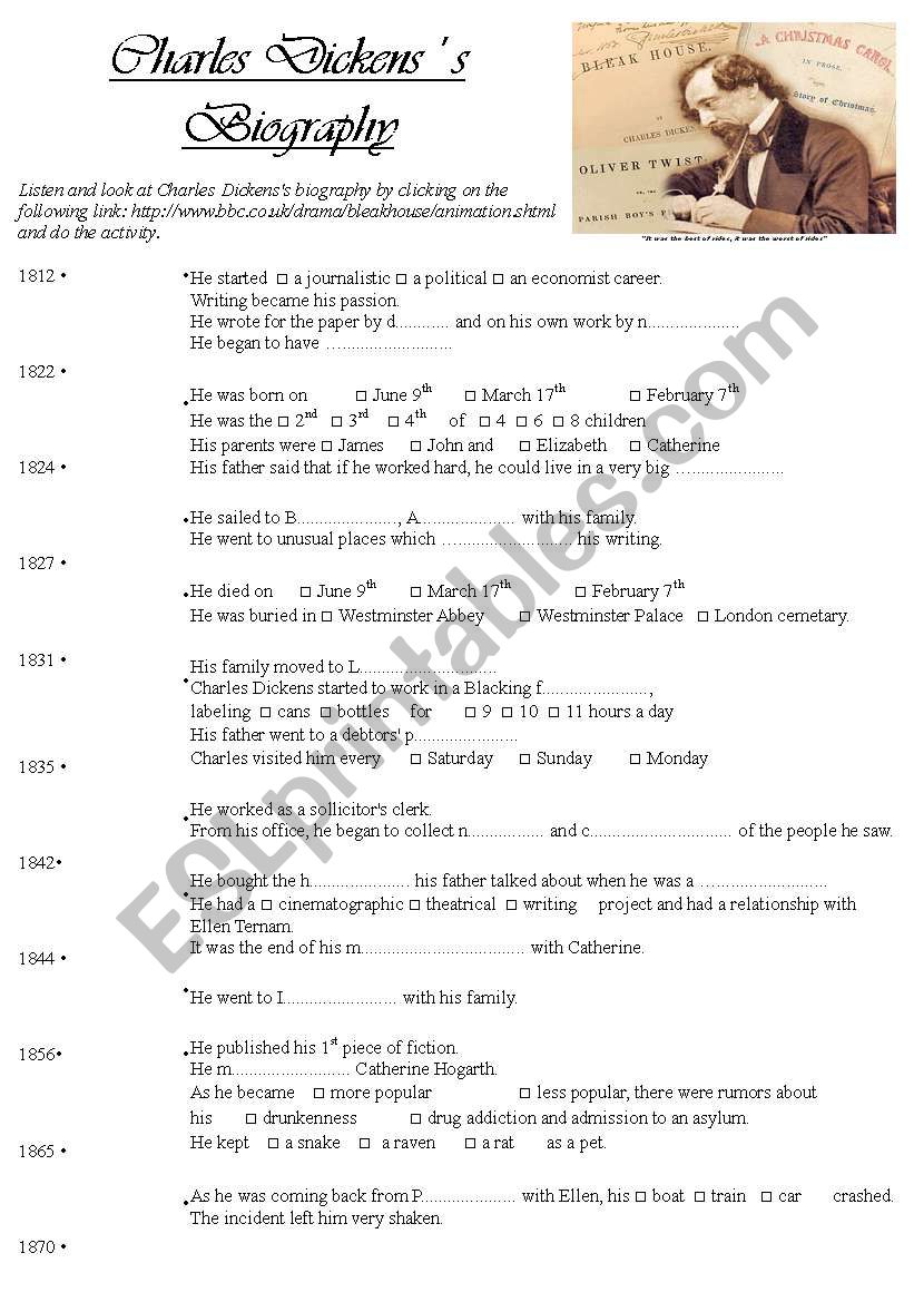 Charles Dickens biography worksheet