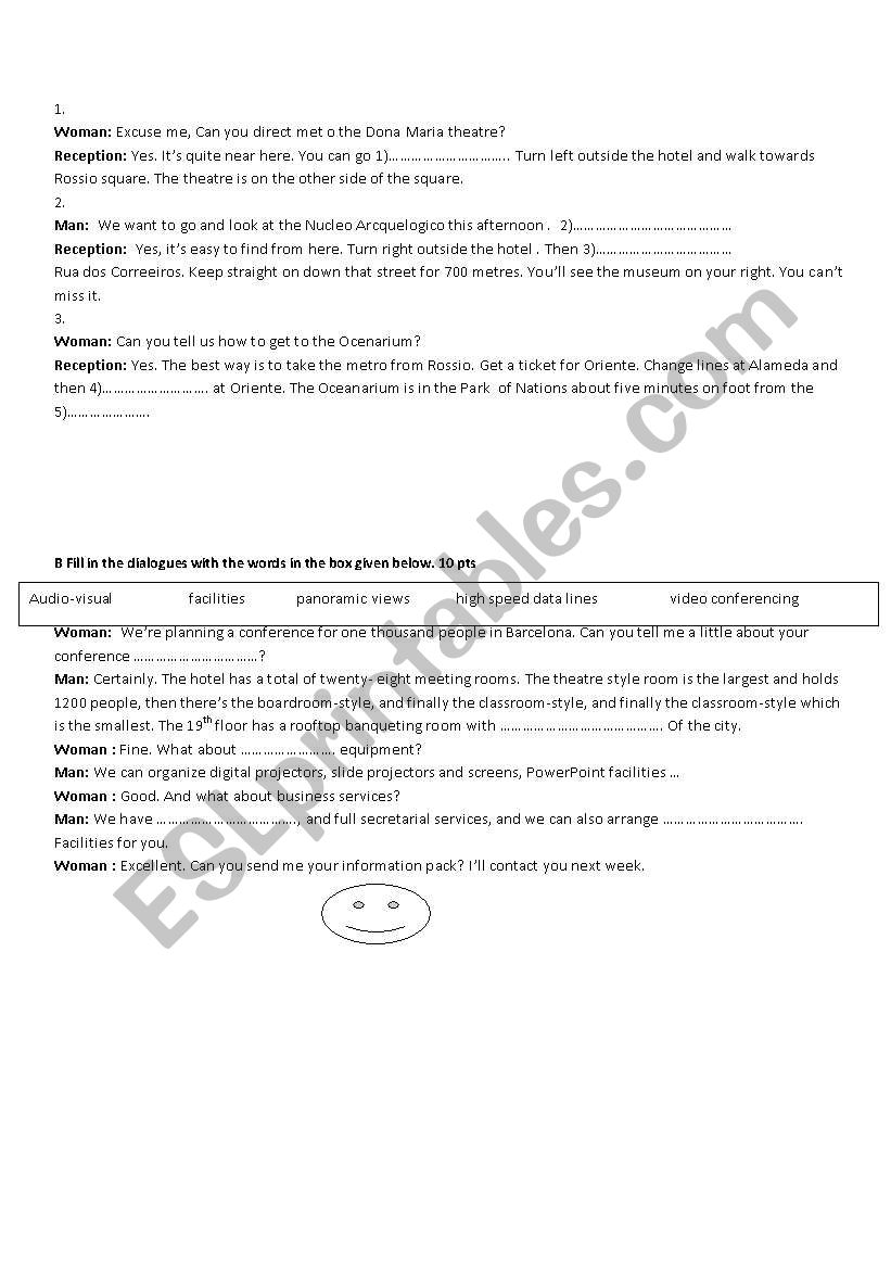 dialogues  for telling the direction outdoor and telling facilities in a hotel