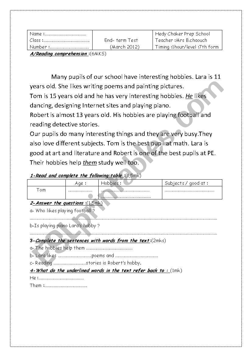 End -term test(7th form/february2012