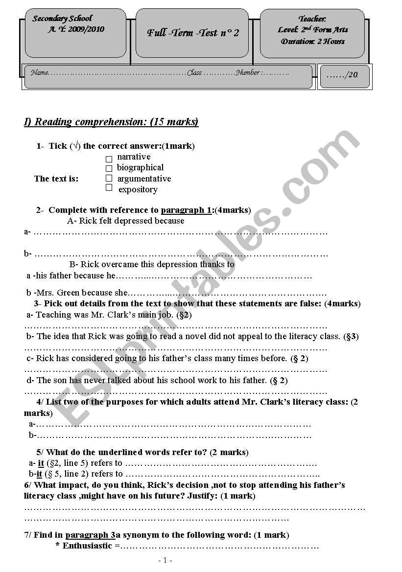 full term test2 worksheet