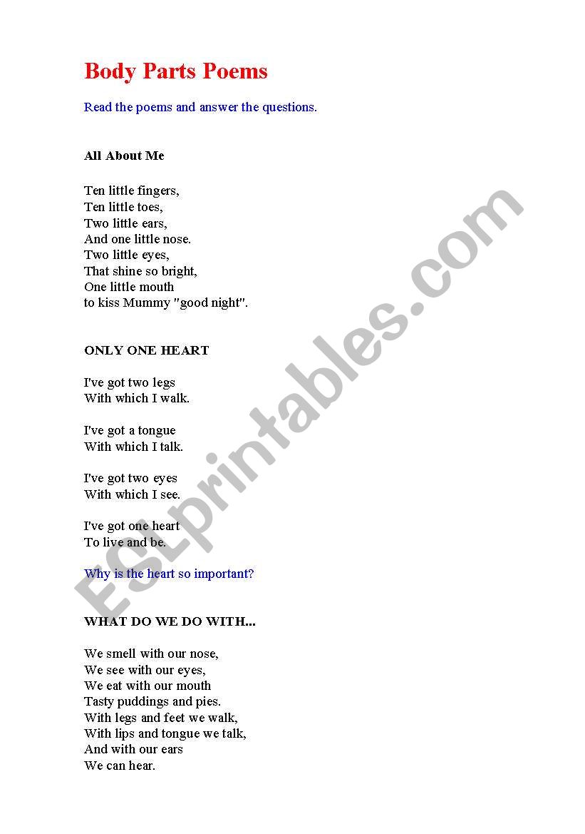 English worksheets Parts of the Body Poems + questions to answer