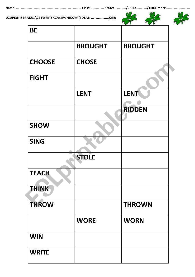 Irregular verbs worksheet