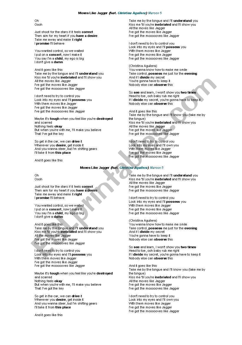 Moves Like Jagger by Maroon 5 worksheet