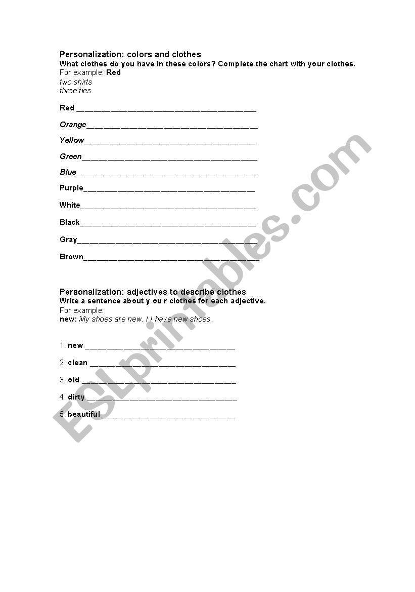 Clothes colors worksheet