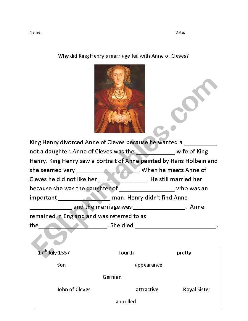 Anne of Cleves worksheet