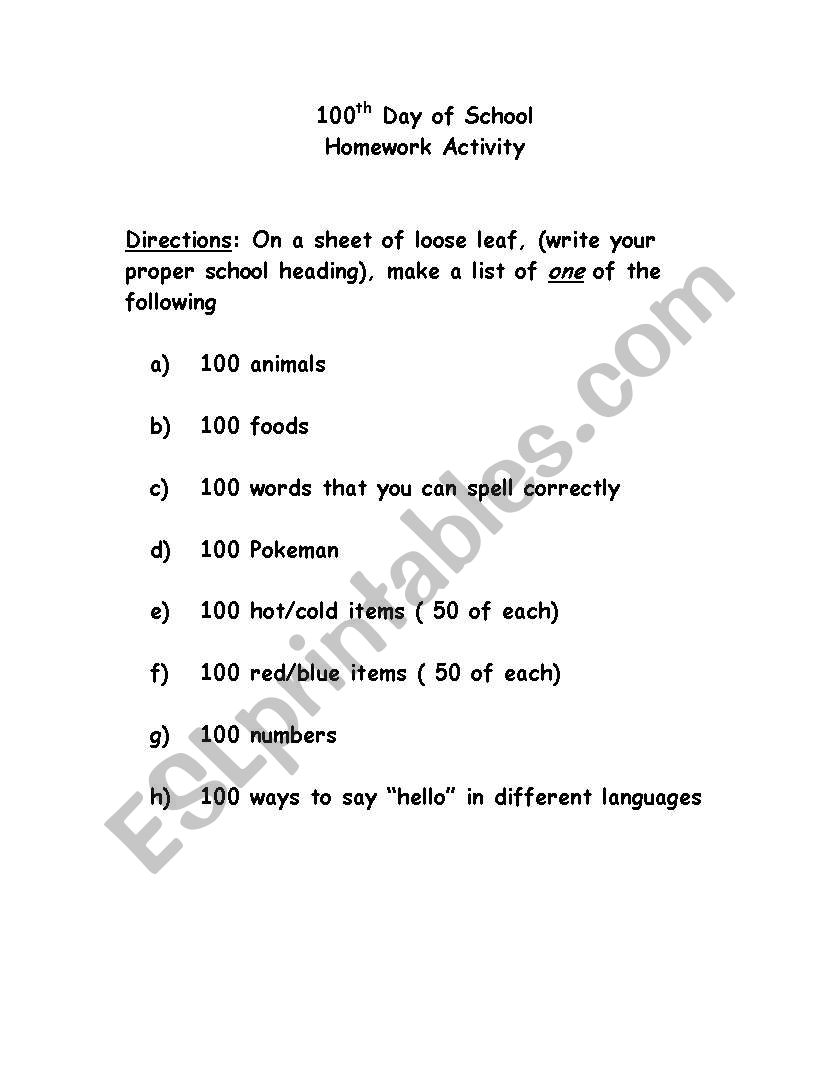 100th Day of School worksheet