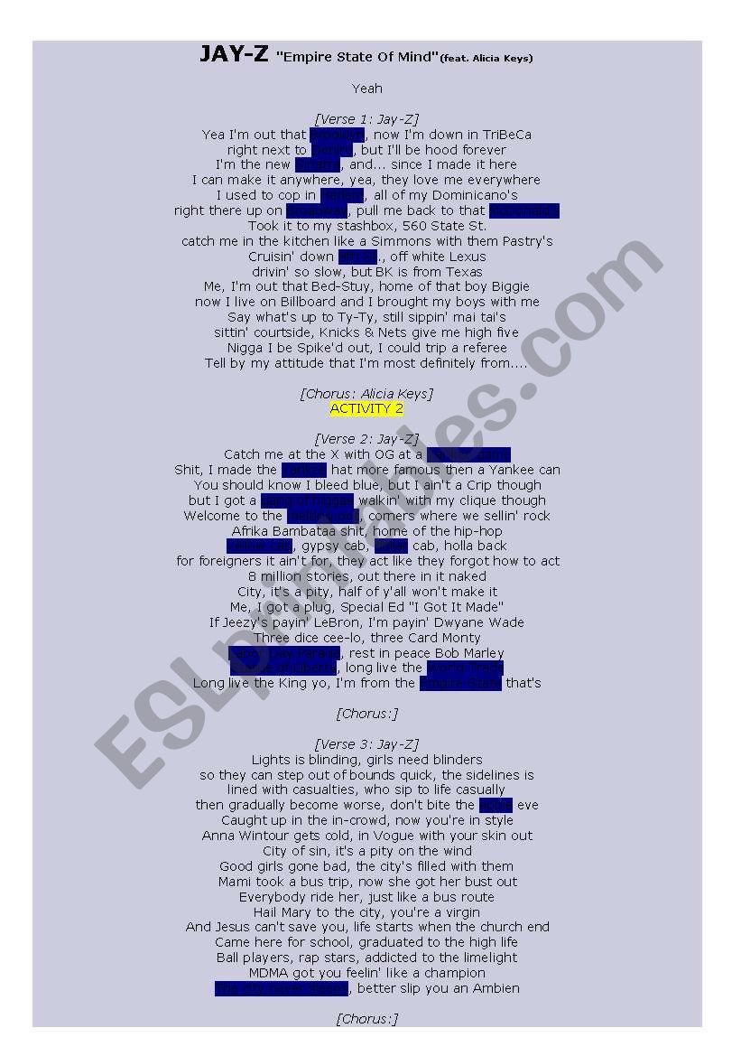 jay Z song NEW YORK worksheet