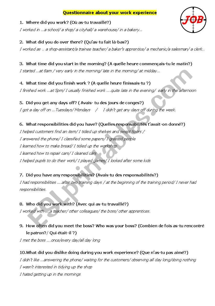 work experience questionnaire worksheet