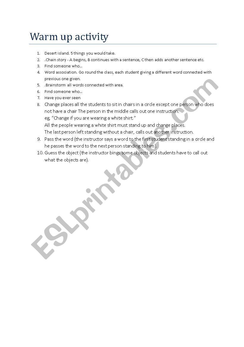 warm up activity worksheet