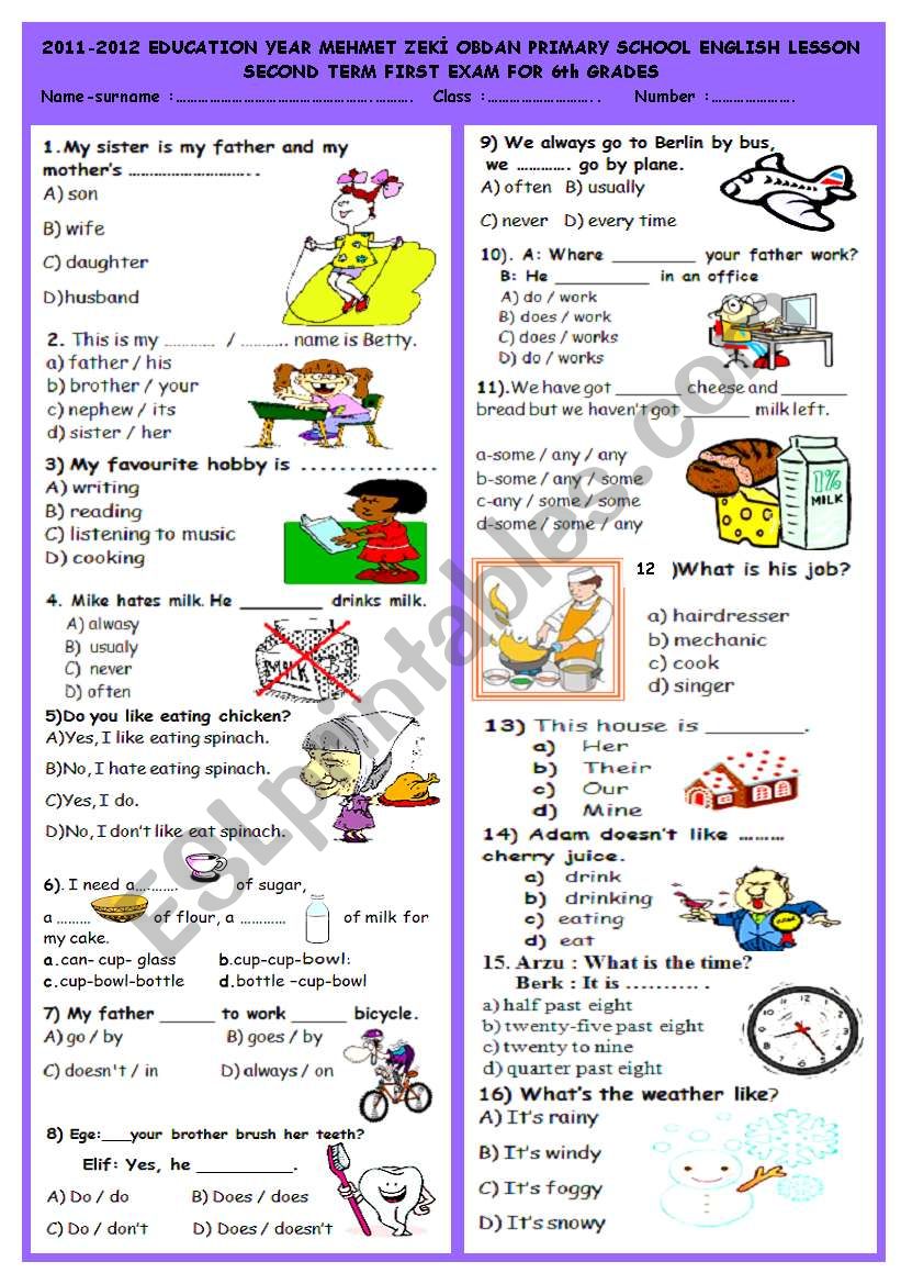 6th grade 2nd term 1st exam part one (2/1)