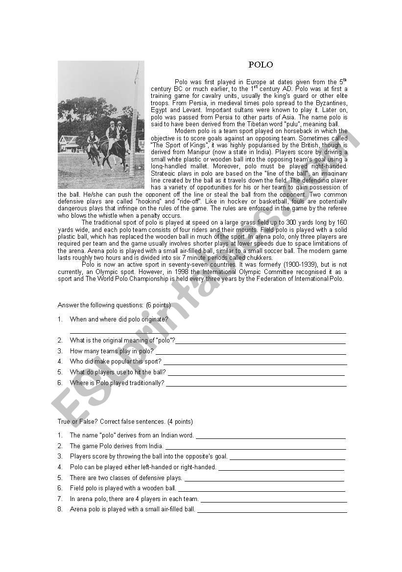 SPORTS - Polo worksheet