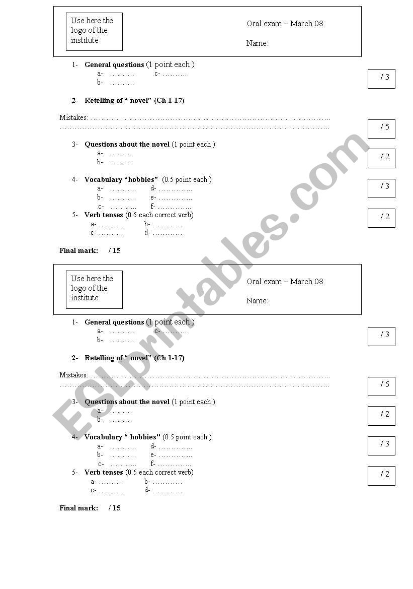 oral exam chart worksheet