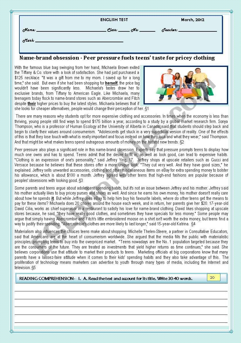 TEST- NAME BRAND OBSESSION-PEER PRESSURE FUELS TEENSÂ´TASTE FOR PRICEY CLOTHING-VERSION A