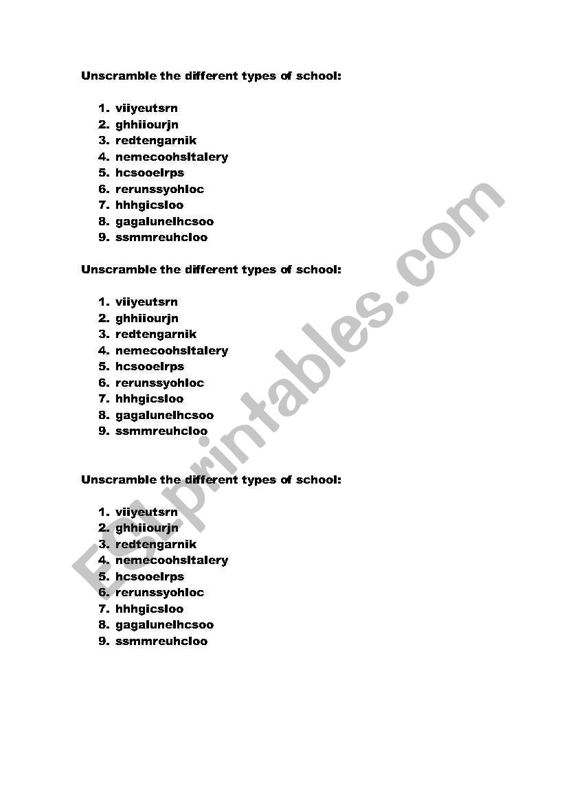 UNSCRAMBLE DIFFEREN TYPES OF SCHOOLS 