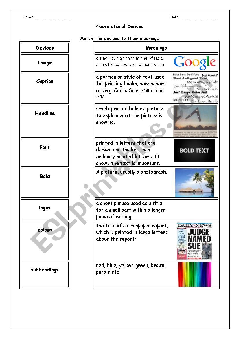 Presentational Devices worksheet