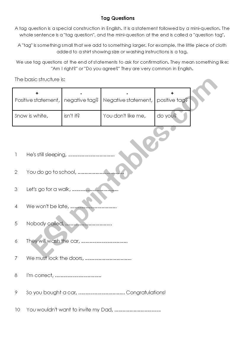 TAG questions worksheet