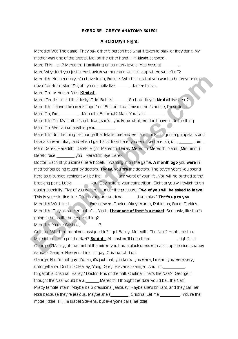 Greys Anatomy S01E01  worksheet