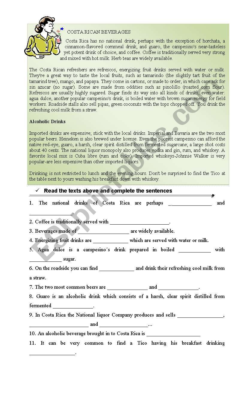 Costa Rican Beverages worksheet