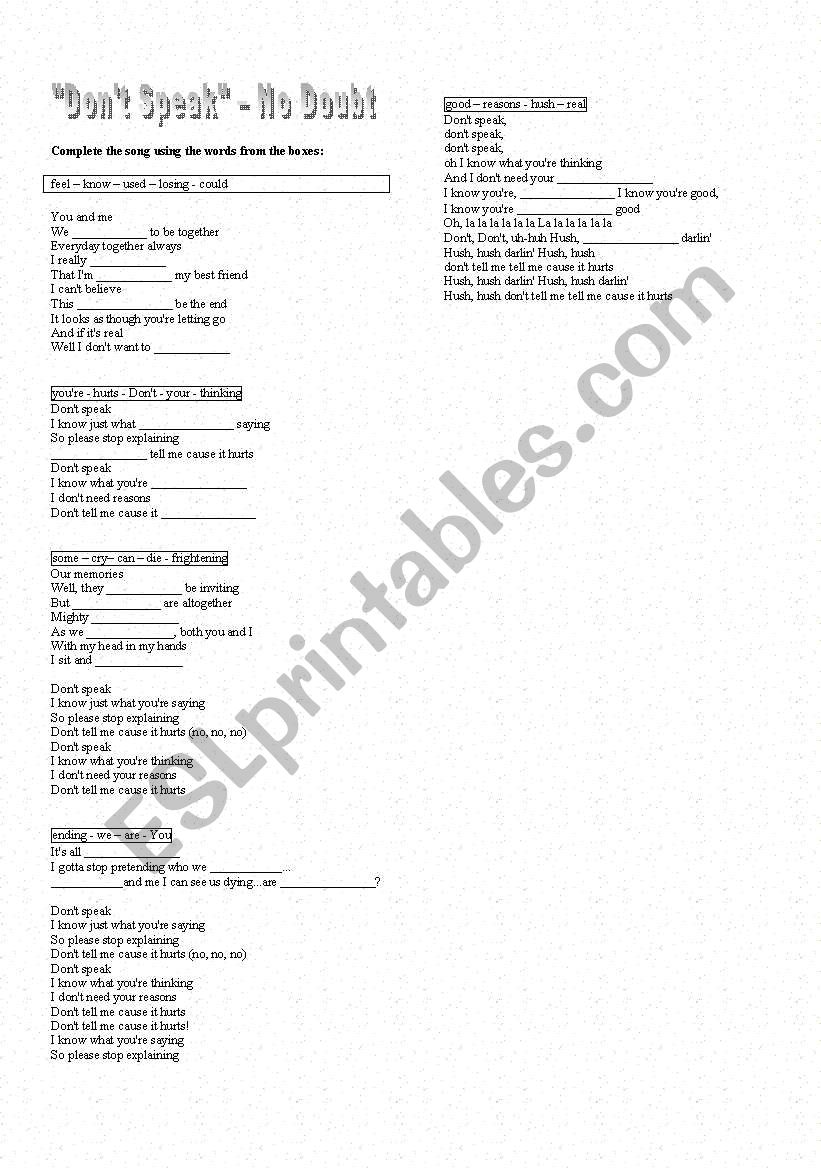 English worksheets: Don´t speak - No doubt