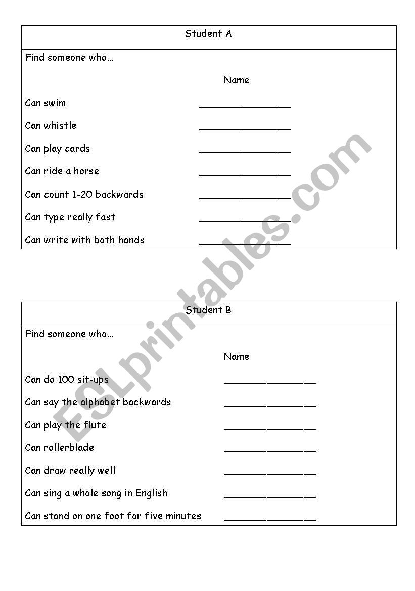 Find someone who (can) worksheet
